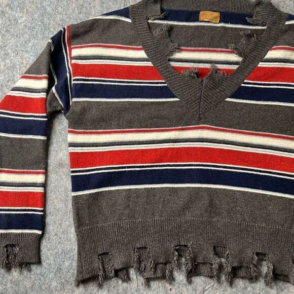 POL Distressed Dropped Shoulder V-Neck Striped Sweater  Grey Red Blue S #123 - Picture 2 of 7